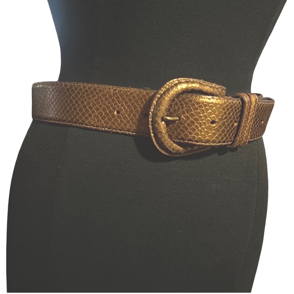 Capriana VTG Bronze Metallic Snakeskin Embossed Leather Belt Horseshoe Buckle L